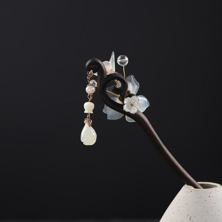 Buddha Stones Heban Jadeit Muszla Magnolia Frędzel Błogosławieństwo Spinka Do Włosów