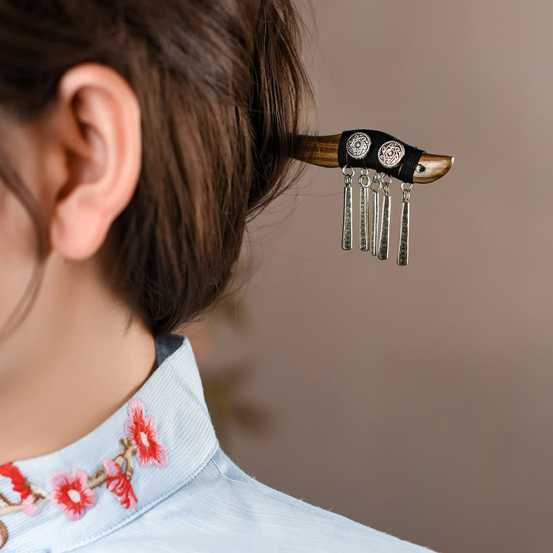 Buddha Stones Srebrny frędzel Zielony sandałowiec Kojąca spinka do włosów