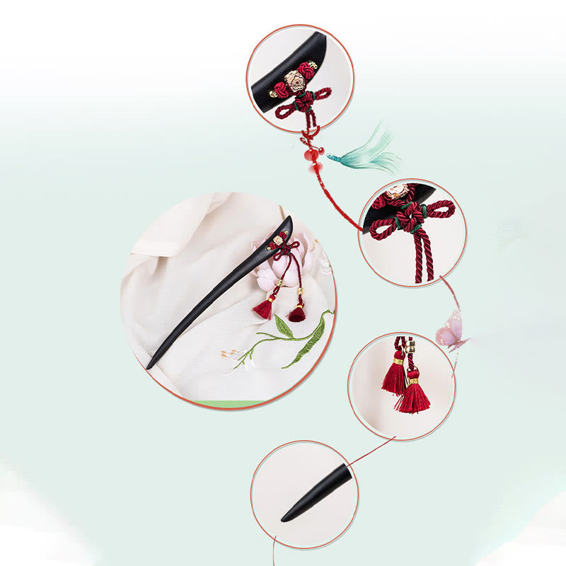 Buddha Stones Ebony Czerwony Sznurek Chiński Węzeł Chwost Ochrona Włosów Spinka