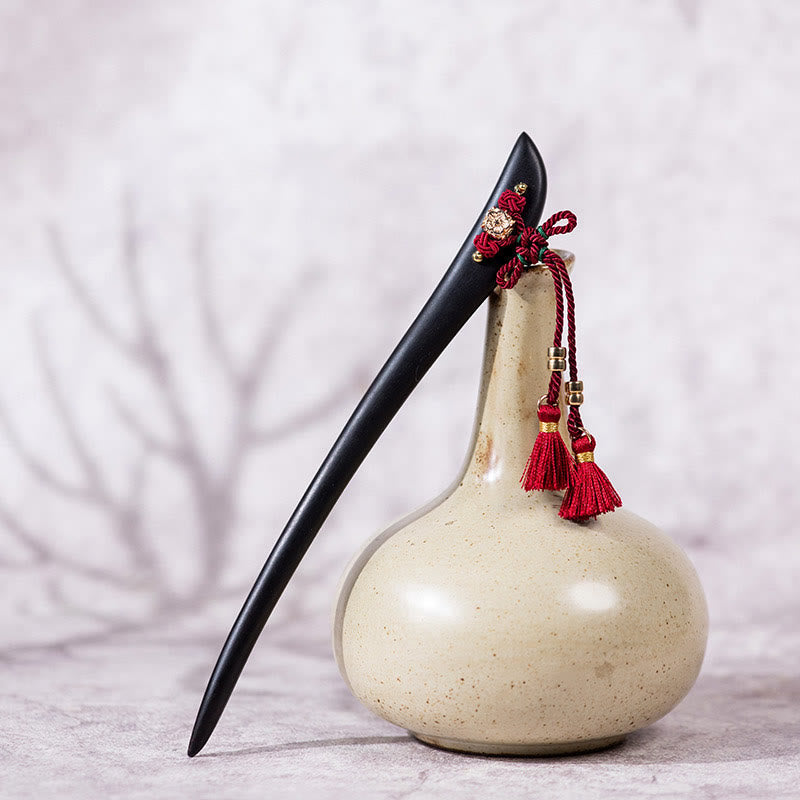 Buddha Stones Ebony Czerwony Sznurek Chiński Węzeł Chwost Ochrona Włosów Spinka