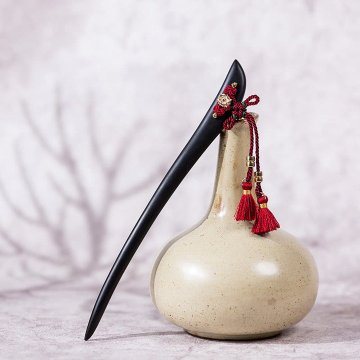 Buddha Stones Ebony Czerwony Sznurek Chiński Węzeł Chwost Ochrona Włosów Spinka