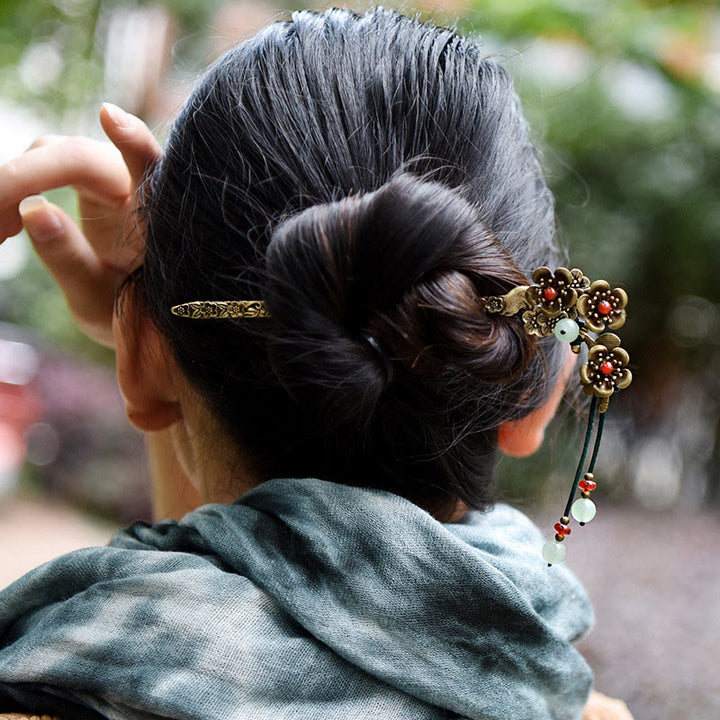 Buddha Stones Zielony Awenturyn Czerwony Agat Stop Kwiaty Uspokajające Spinki Do Włosów