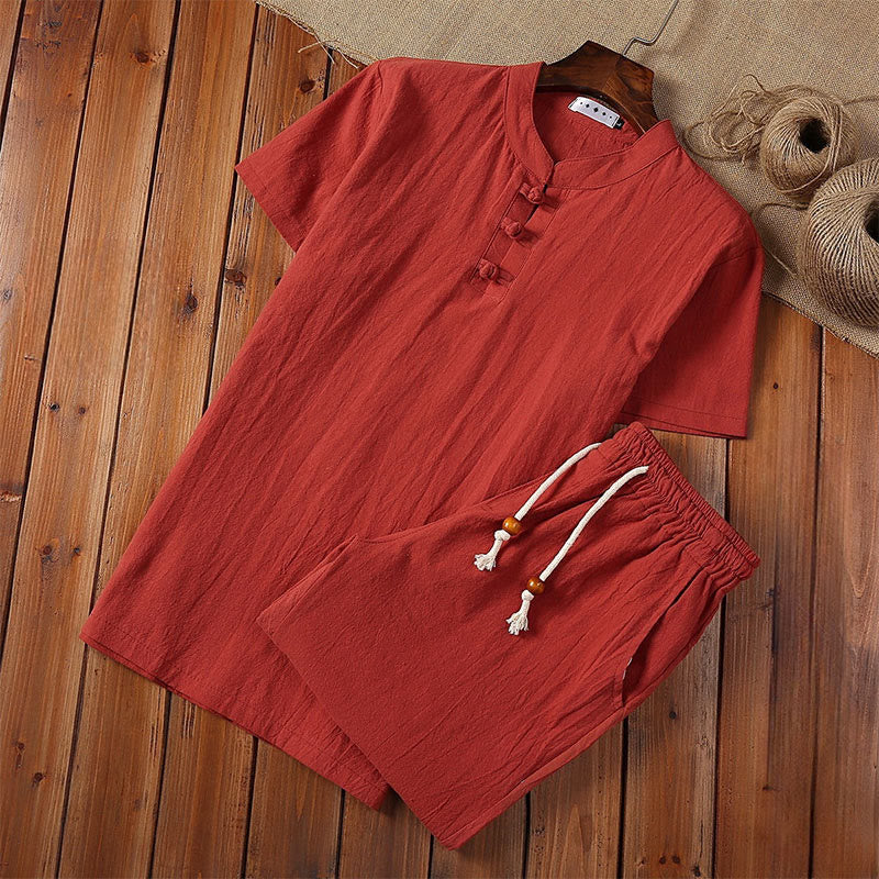 Buddha Stones 2 szt. Jednolity kolor żaba-guzik garnitur Tang bawełna len krótki rękaw spodnie odzież męska zestaw - Czerwony - US/UK/AU46, EU56 (5XL) - image 13