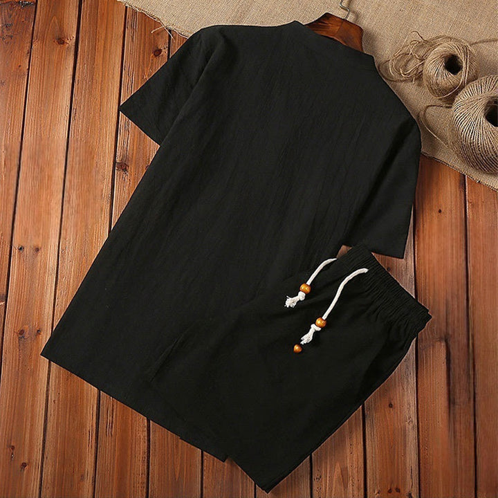 Buddha Stones 2 szt. Jednolity kolor żaba-guzik garnitur Tang bawełna len krótki rękaw spodnie odzież męska zestaw - image 2