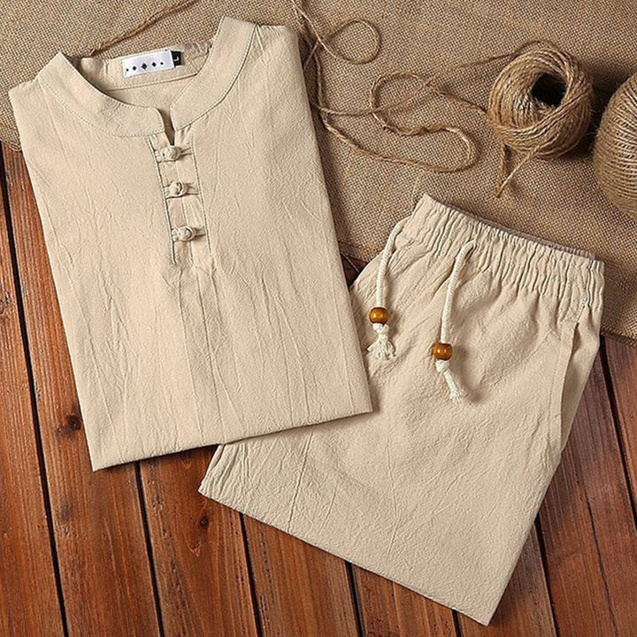 Buddha Stones 2 szt. Jednolity kolor żaba-guzik garnitur Tang bawełna len krótki rękaw spodnie odzież męska zestaw - image 4