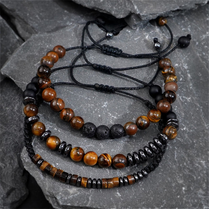 Zestaw 3 bransoletek ochronnych z Buddha Stones i kamieniami lawowymi Tiger Eye