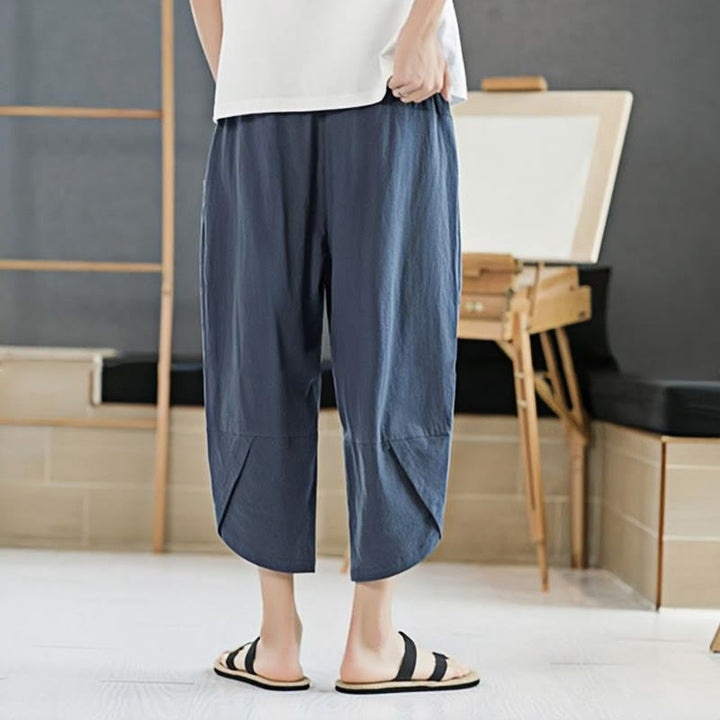 Buddha Stones Letnie Męskie Jednokolorowe Spodnie Bawełniane Lniane Ściągane Sznurkiem Z Kieszeniami O Długości 7-8