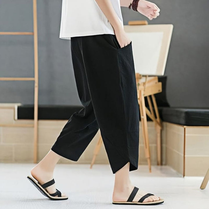 Buddha Stones Letnie Męskie Jednokolorowe Spodnie Bawełniane Lniane Ściągane Sznurkiem Z Kieszeniami O Długości 7-8