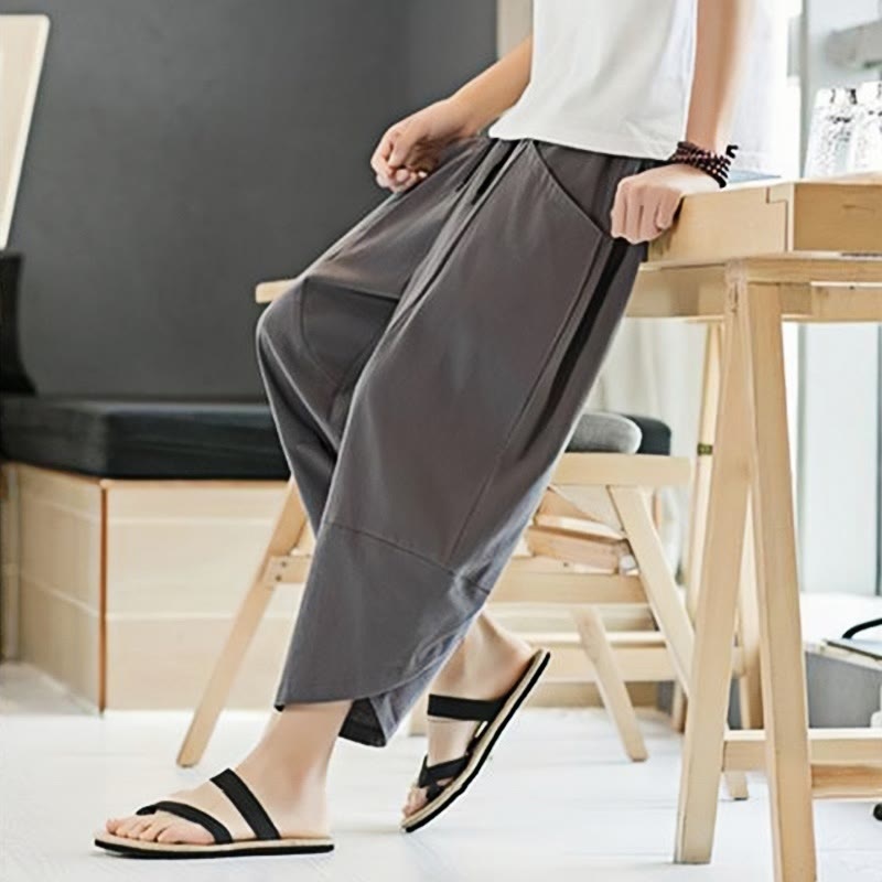 Buddha Stones Letnie Męskie Jednokolorowe Spodnie Bawełniane Lniane Ściągane Sznurkiem Z Kieszeniami O Długości 7-8