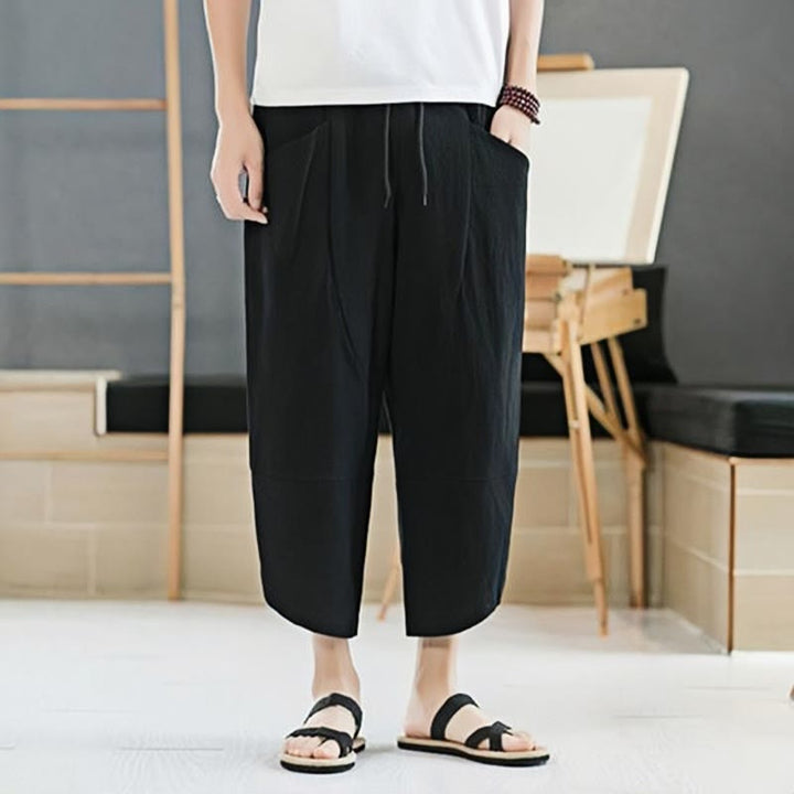 Buddha Stones Letnie Męskie Jednokolorowe Spodnie Bawełniane Lniane Ściągane Sznurkiem Z Kieszeniami O Długości 7-8