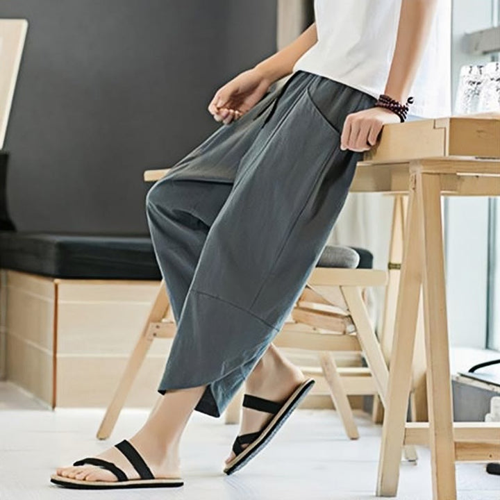 Buddha Stones Letnie Męskie Jednokolorowe Spodnie Bawełniane Lniane Ściągane Sznurkiem Z Kieszeniami O Długości 7-8