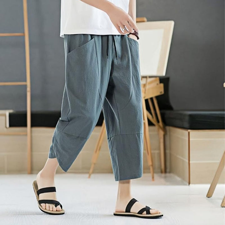 Buddha Stones Letnie Męskie Jednokolorowe Spodnie Bawełniane Lniane Ściągane Sznurkiem Z Kieszeniami O Długości 7-8