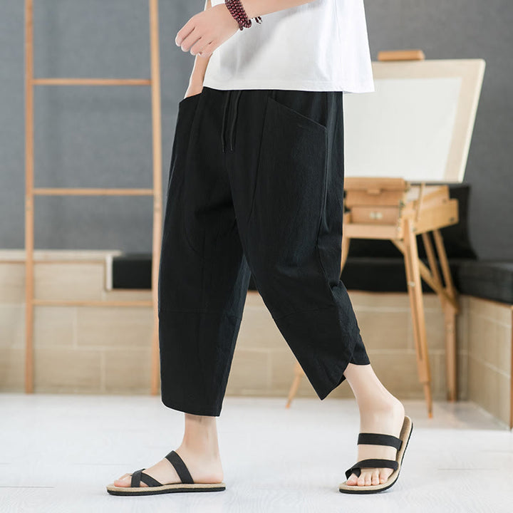 Buddha Stones Letnie Męskie Jednokolorowe Spodnie Bawełniane Lniane Ściągane Sznurkiem Z Kieszeniami O Długości 7-8