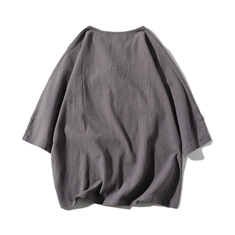 Buddha Stones 2 szt. T-shirt z prostym kołnierzykiem i wycięciem, szorty z szerokimi nogawkami i kieszeniami, bawełniano-lniany, męski zestaw do medytacji