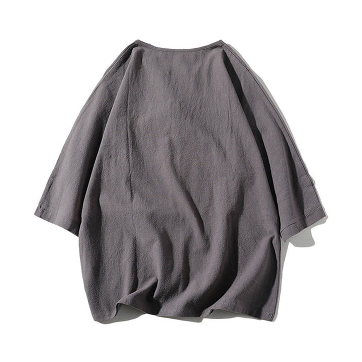 Buddha Stones 2 szt. T-shirt z prostym kołnierzykiem i wycięciem, szorty z szerokimi nogawkami i kieszeniami, bawełniano-lniany, męski zestaw do medytacji