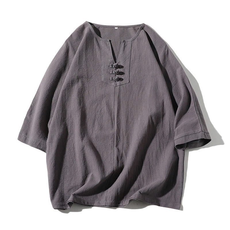 Buddha Stones 2 szt. T-shirt z prostym kołnierzykiem i wycięciem, szorty z szerokimi nogawkami i kieszeniami, bawełniano-lniany, męski zestaw do medytacji