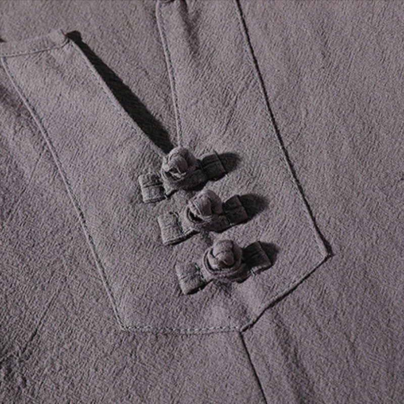 Buddha Stones 2 szt. T-shirt z prostym kołnierzykiem i wycięciem, szorty z szerokimi nogawkami i kieszeniami, bawełniano-lniany, męski zestaw do medytacji