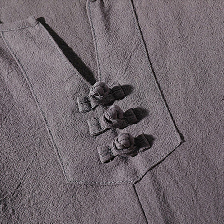 Buddha Stones 2 szt. T-shirt z prostym kołnierzykiem i wycięciem, szorty z szerokimi nogawkami i kieszeniami, bawełniano-lniany, męski zestaw do medytacji