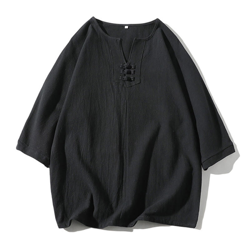 Buddha Stones 2 szt. T-shirt z prostym kołnierzykiem i wycięciem, szorty z szerokimi nogawkami i kieszeniami, bawełniano-lniany, męski zestaw do medytacji