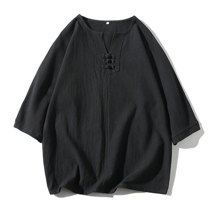 Buddha Stones 2 szt. T-shirt z prostym kołnierzykiem i wycięciem, szorty z szerokimi nogawkami i kieszeniami, bawełniano-lniany, męski zestaw do medytacji