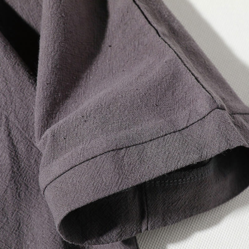 Buddha Stones 2 szt. T-shirt z prostym kołnierzykiem i wycięciem, szorty z szerokimi nogawkami i kieszeniami, bawełniano-lniany, męski zestaw do medytacji