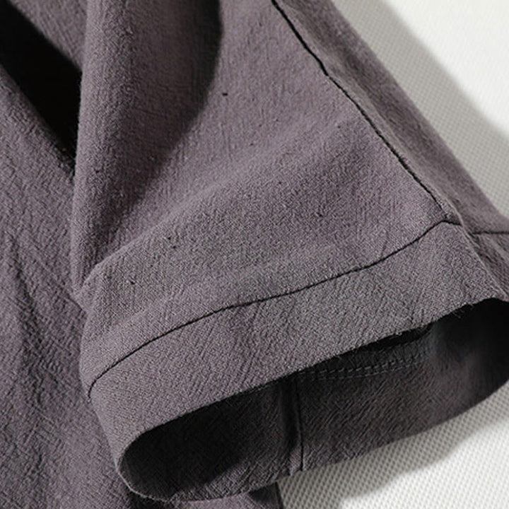 Buddha Stones 2 szt. T-shirt z prostym kołnierzykiem i wycięciem, szorty z szerokimi nogawkami i kieszeniami, bawełniano-lniany, męski zestaw do medytacji