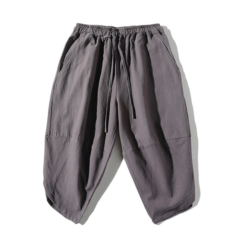 Buddha Stones 2 szt. T-shirt z prostym kołnierzykiem i wycięciem, szorty z szerokimi nogawkami i kieszeniami, bawełniano-lniany, męski zestaw do medytacji