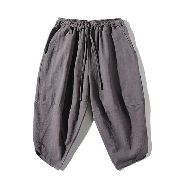 Buddha Stones 2 szt. T-shirt z prostym kołnierzykiem i wycięciem, szorty z szerokimi nogawkami i kieszeniami, bawełniano-lniany, męski zestaw do medytacji