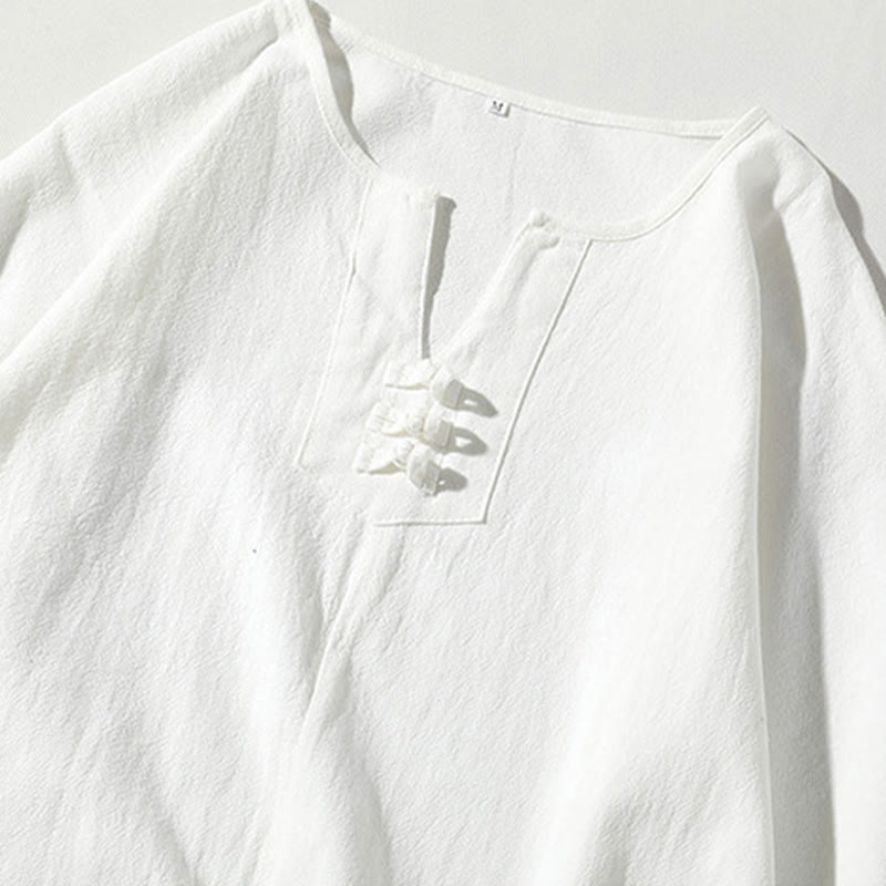 Buddha Stones 2 szt. T-shirt z prostym kołnierzykiem i wycięciem, szorty z szerokimi nogawkami i kieszeniami, bawełniano-lniany, męski zestaw do medytacji