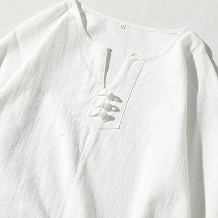 Buddha Stones 2 szt. T-shirt z prostym kołnierzykiem i wycięciem, szorty z szerokimi nogawkami i kieszeniami, bawełniano-lniany, męski zestaw do medytacji