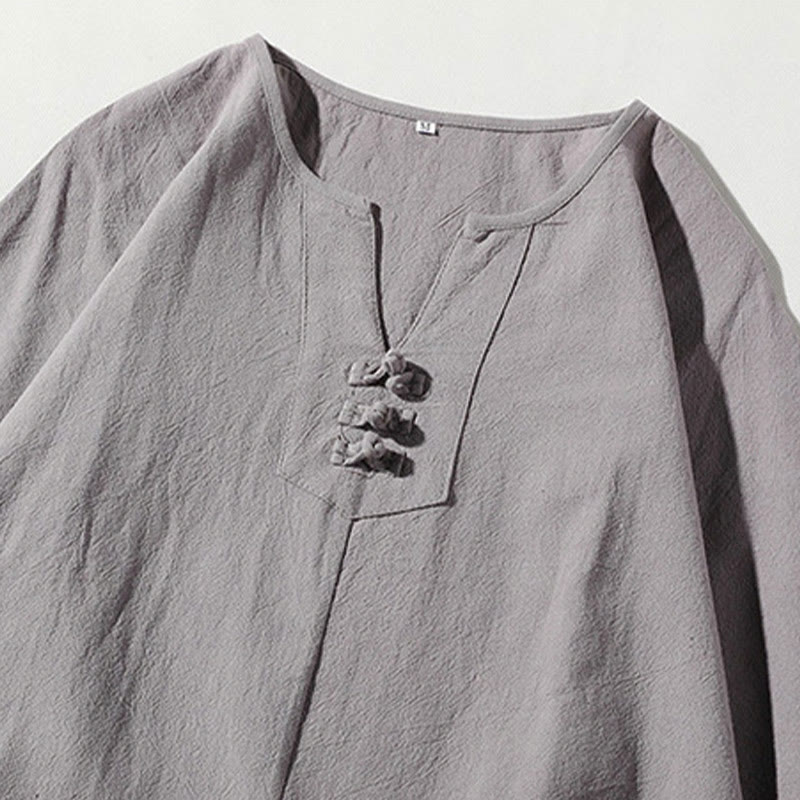 Buddha Stones 2 szt. T-shirt z prostym kołnierzykiem i wycięciem, szorty z szerokimi nogawkami i kieszeniami, bawełniano-lniany, męski zestaw do medytacji