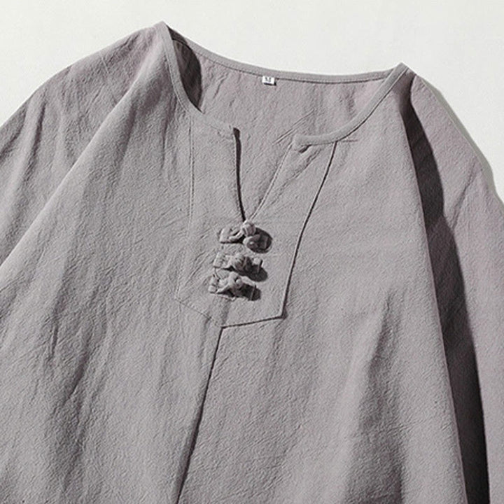 Buddha Stones 2 szt. T-shirt z prostym kołnierzykiem i wycięciem, szorty z szerokimi nogawkami i kieszeniami, bawełniano-lniany, męski zestaw do medytacji