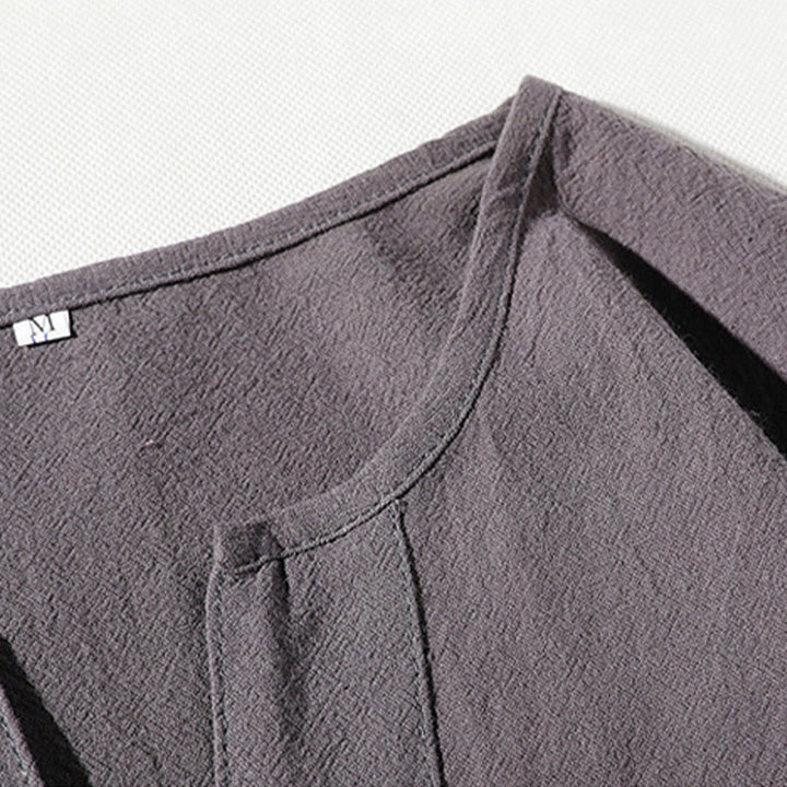 Buddha Stones 2 szt. T-shirt z prostym kołnierzykiem i wycięciem, szorty z szerokimi nogawkami i kieszeniami, bawełniano-lniany, męski zestaw do medytacji