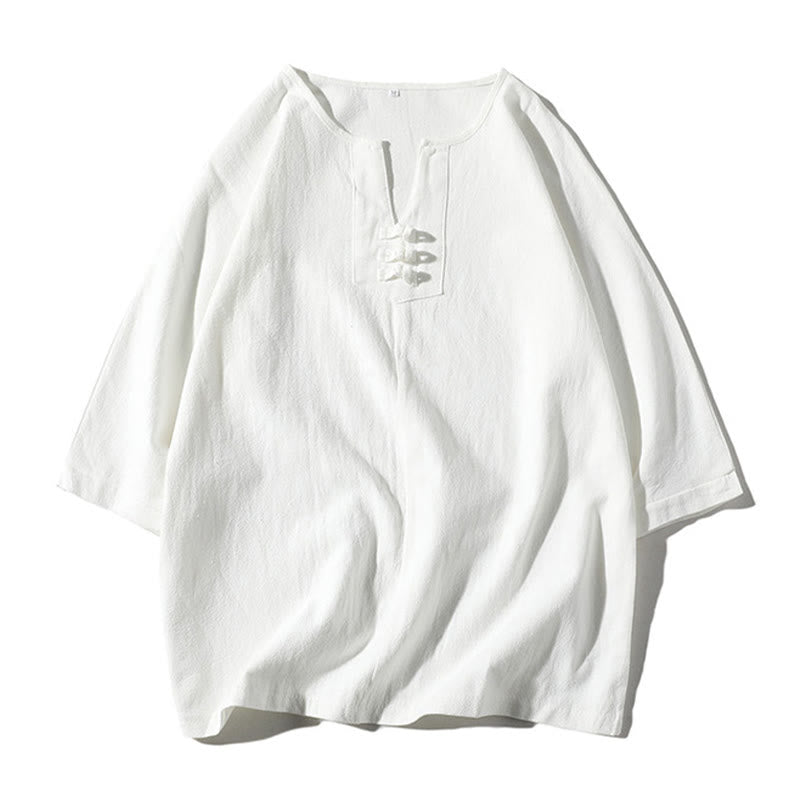 Buddha Stones 2 szt. T-shirt z prostym kołnierzykiem i wycięciem, szorty z szerokimi nogawkami i kieszeniami, bawełniano-lniany, męski zestaw do medytacji