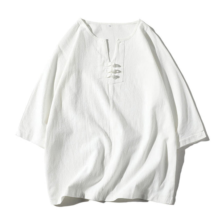 Buddha Stones 2 szt. T-shirt z prostym kołnierzykiem i wycięciem, szorty z szerokimi nogawkami i kieszeniami, bawełniano-lniany, męski zestaw do medytacji