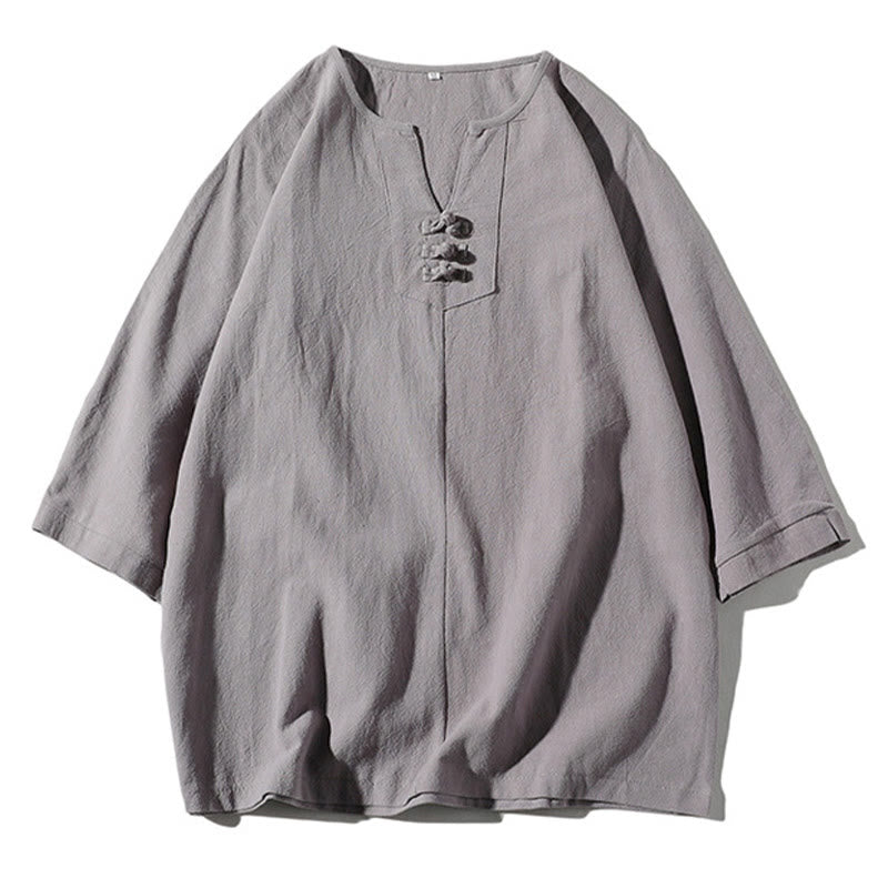 Buddha Stones 2 szt. T-shirt z prostym kołnierzykiem i wycięciem, szorty z szerokimi nogawkami i kieszeniami, bawełniano-lniany, męski zestaw do medytacji