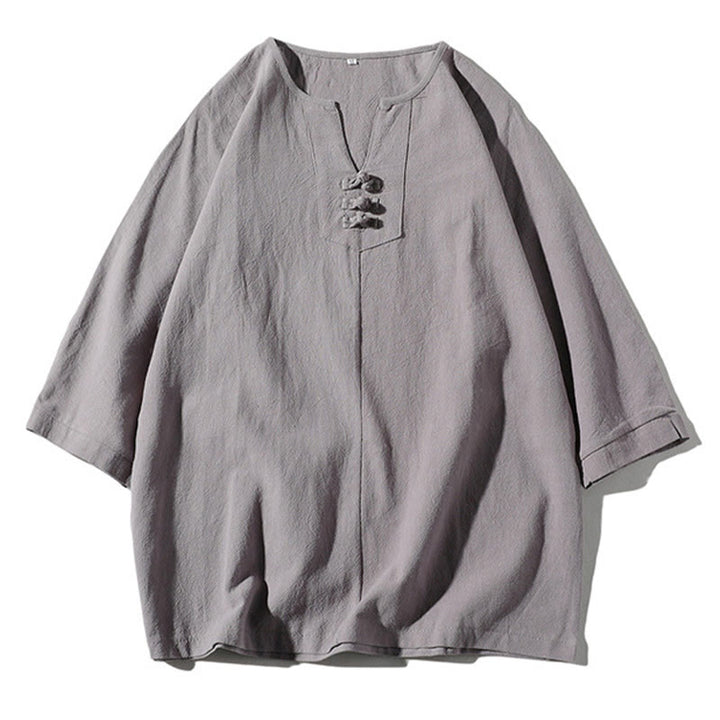 Buddha Stones 2 szt. T-shirt z prostym kołnierzykiem i wycięciem, szorty z szerokimi nogawkami i kieszeniami, bawełniano-lniany, męski zestaw do medytacji