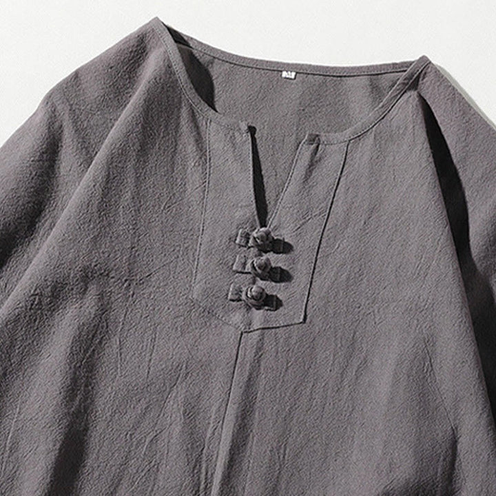 Buddha Stones 2 szt. T-shirt z prostym kołnierzykiem i wycięciem, szorty z szerokimi nogawkami i kieszeniami, bawełniano-lniany, męski zestaw do medytacji