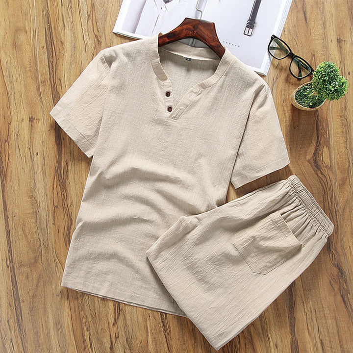 Buddha Stones, swobodny, 2-częściowy T-shirt z prostym rękawem i kieszeniami, męski, bawełniano-lniany zestaw do medytacji - Blada nawłoć - US/UK/AU46, EU56 (5XL) - image 1