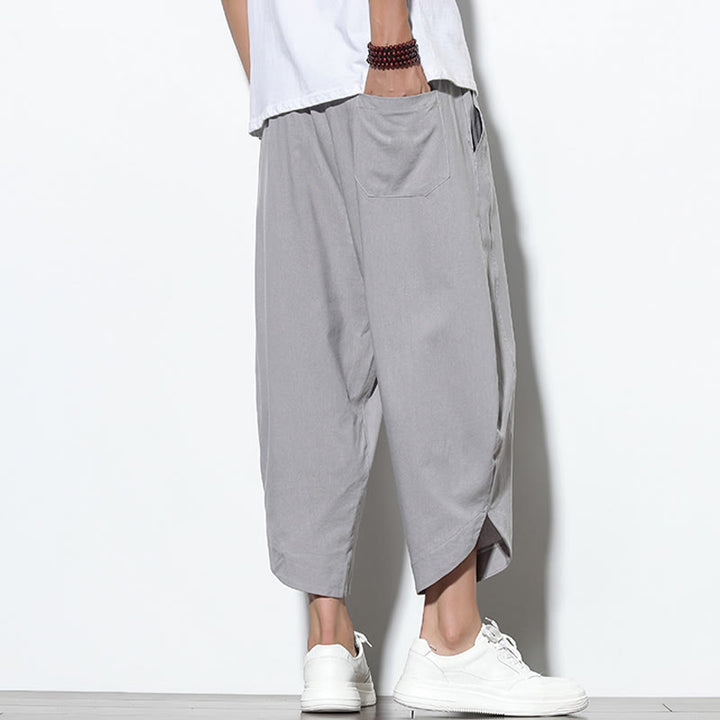 Buddha Stones Casual Letnie Spodnie Harem Męskie Z Sznurkiem Ściąganym 7-8 Długość Lniane Z Kieszeniami
