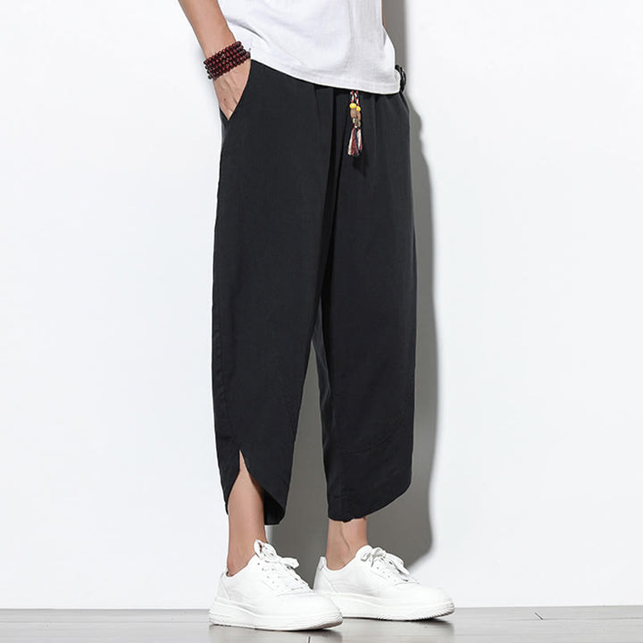 Buddha Stones Casual Letnie Spodnie Harem Męskie Z Sznurkiem Ściąganym 7-8 Długość Lniane Z Kieszeniami