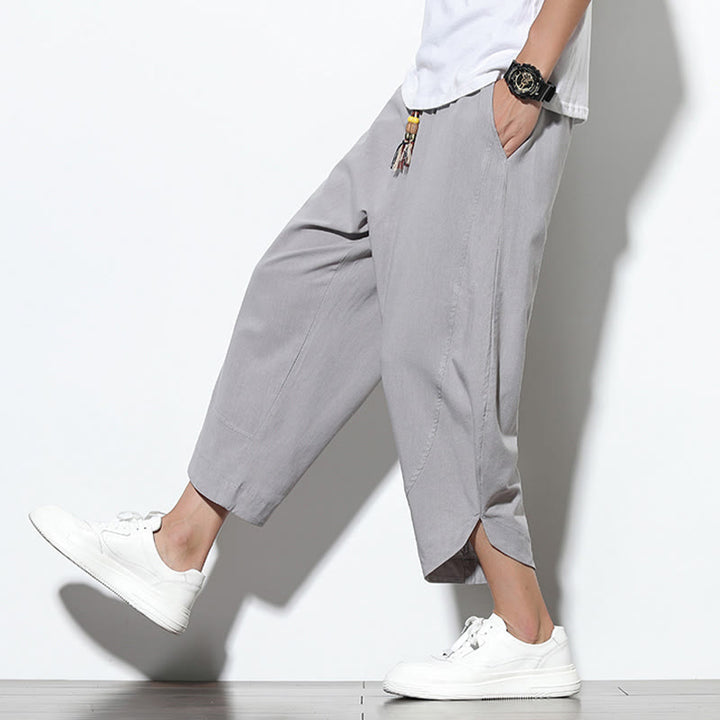 Buddha Stones Casual Letnie Spodnie Harem Męskie Z Sznurkiem Ściąganym 7-8 Długość Lniane Z Kieszeniami