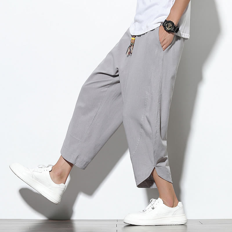 Buddha Stones Casual Letnie Spodnie Harem Męskie Z Sznurkiem Ściąganym 7-8 Długość Lniane Z Kieszeniami