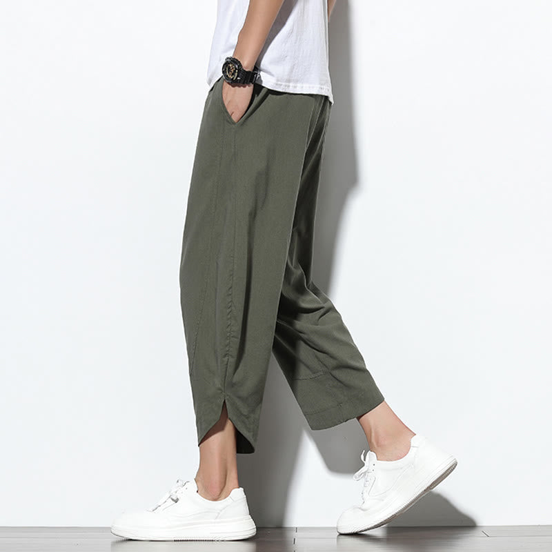 Buddha Stones Casual Letnie Spodnie Harem Męskie Z Sznurkiem Ściąganym 7-8 Długość Lniane Z Kieszeniami
