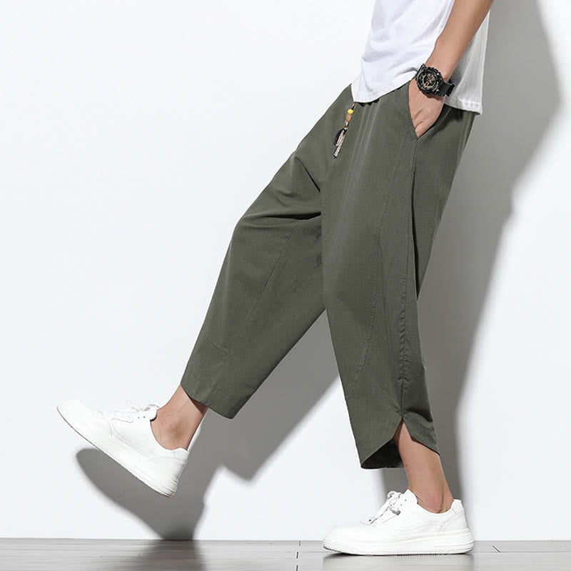 Buddha Stones Casual Letnie Spodnie Harem Męskie Z Sznurkiem Ściąganym 7-8 Długość Lniane Z Kieszeniami