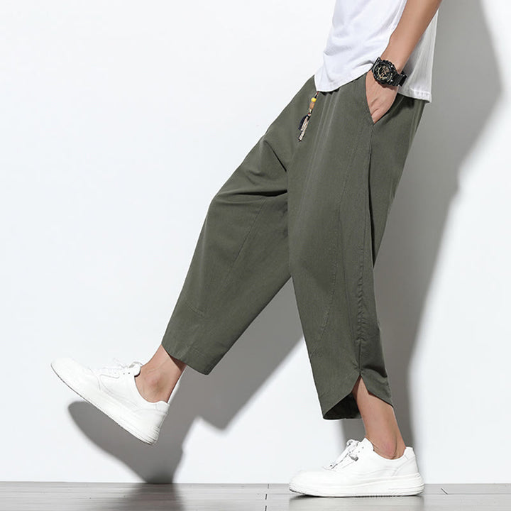 Buddha Stones Casual Letnie Spodnie Harem Męskie Z Sznurkiem Ściąganym 7-8 Długość Lniane Z Kieszeniami