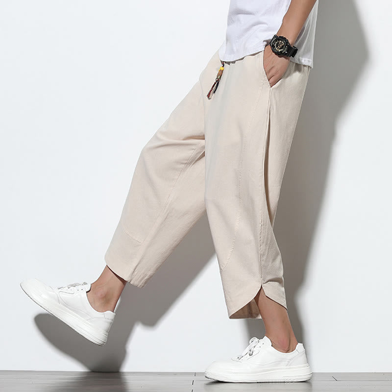 Buddha Stones Casual Letnie Spodnie Harem Męskie Z Sznurkiem Ściąganym 7-8 Długość Lniane Z Kieszeniami