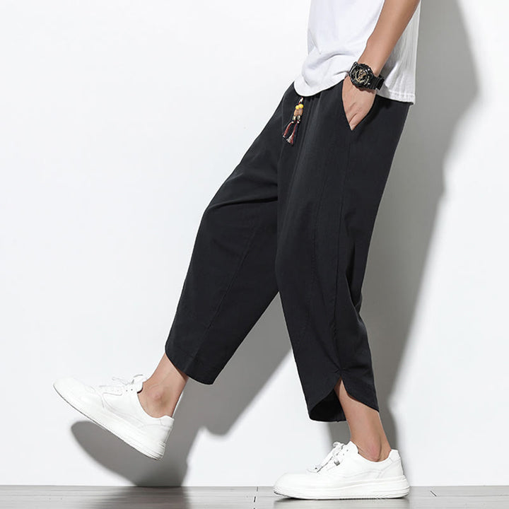 Buddha Stones Casual Letnie Spodnie Harem Męskie Z Sznurkiem Ściąganym 7-8 Długość Lniane Z Kieszeniami