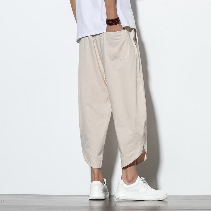 Buddha Stones Casual Letnie Spodnie Harem Męskie Z Sznurkiem Ściąganym 7-8 Długość Lniane Z Kieszeniami