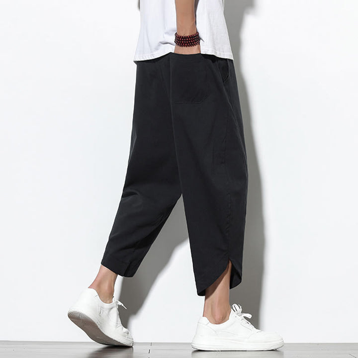 Buddha Stones Casual Letnie Spodnie Harem Męskie Z Sznurkiem Ściąganym 7-8 Długość Lniane Z Kieszeniami